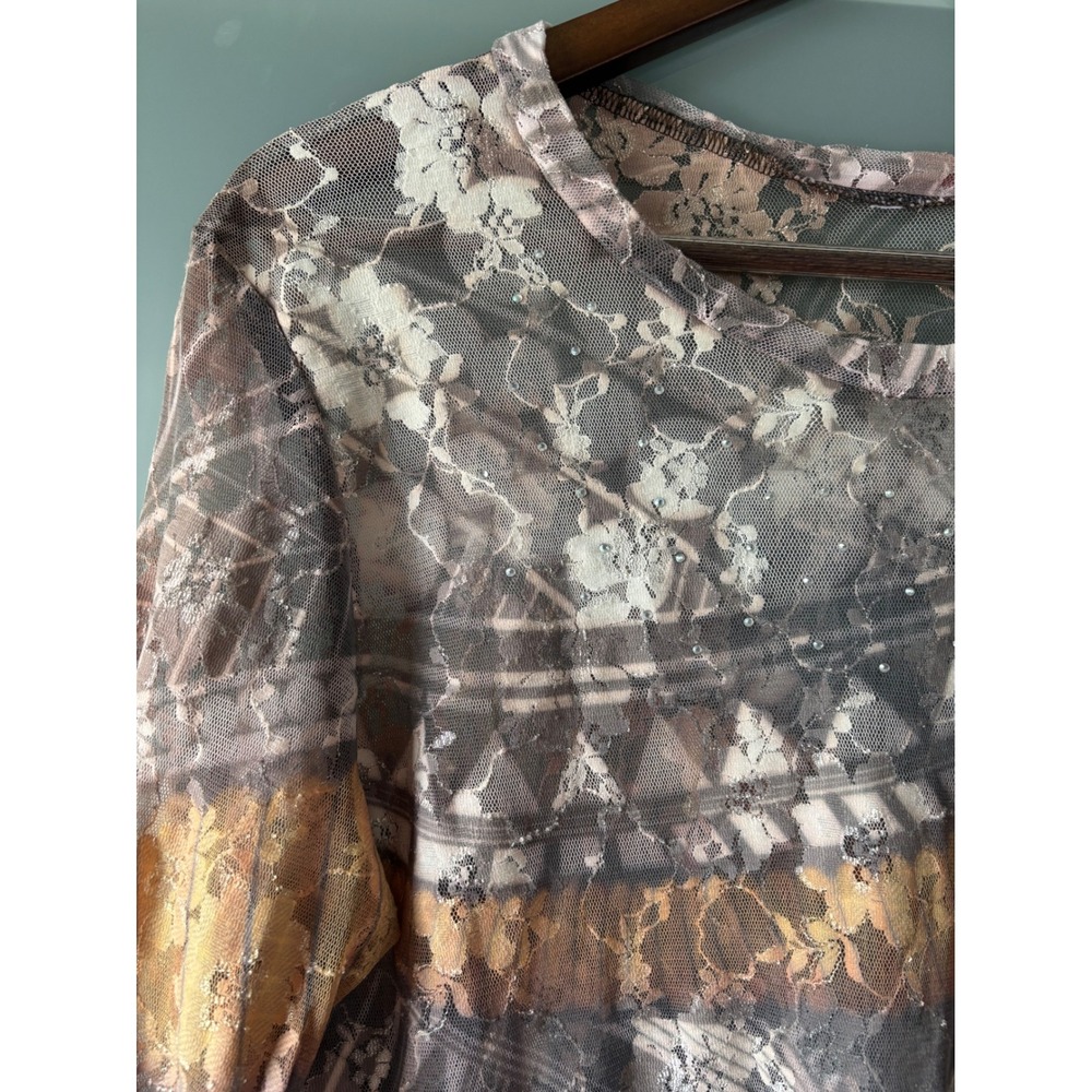 Sheer Floral Lace Mesh Top Rhinestone Print Ruched Y2K Grunge Camo Whimsigoth - Picture 4 of 10